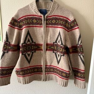 Pendleton Beige and Red Patterned Zip-Up Sweater